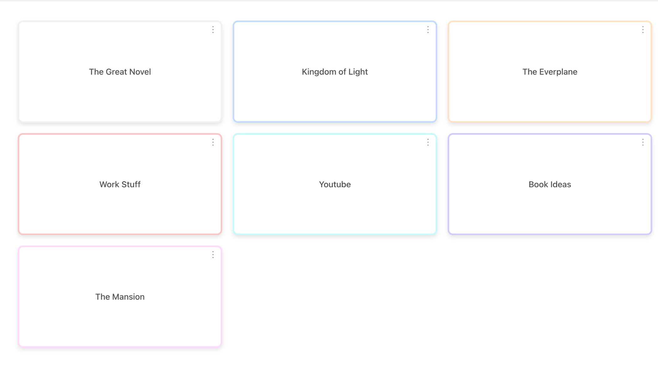 Project Grid showing various project tiles including The Great Novel, Kingdom of Light, and other projects with colored borders